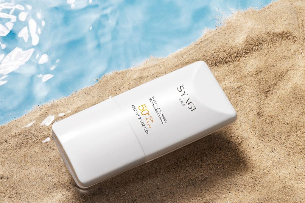 Sunblock on a sandbank above the water
